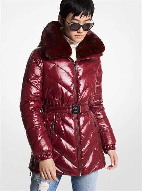 michael michael kors faux fur-trim chevron-quilted belted jacket|Faux Fur Trim Chevron Quilted Nylon Belted Puffer Coat.